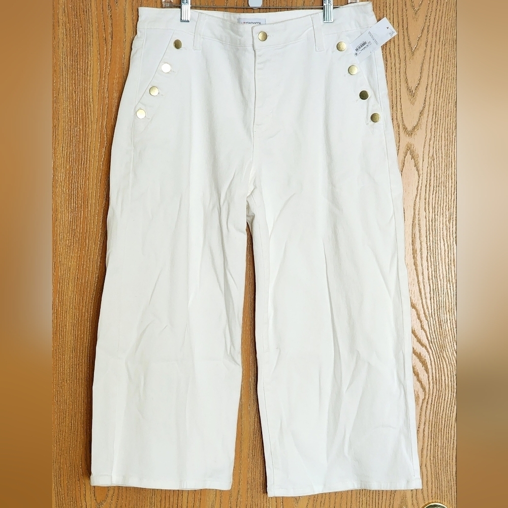 Liz Claiborne White Wide-Leg Pants with Gold Buttons Pockets Zip Close Sz 12 NWT